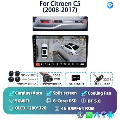 Android 14 Carplay Auto Car Radio Multimedia Player For Citroen C5 2008 2009 2010-2017 Autoradio Stereo DSP GPS 2din Head Unit