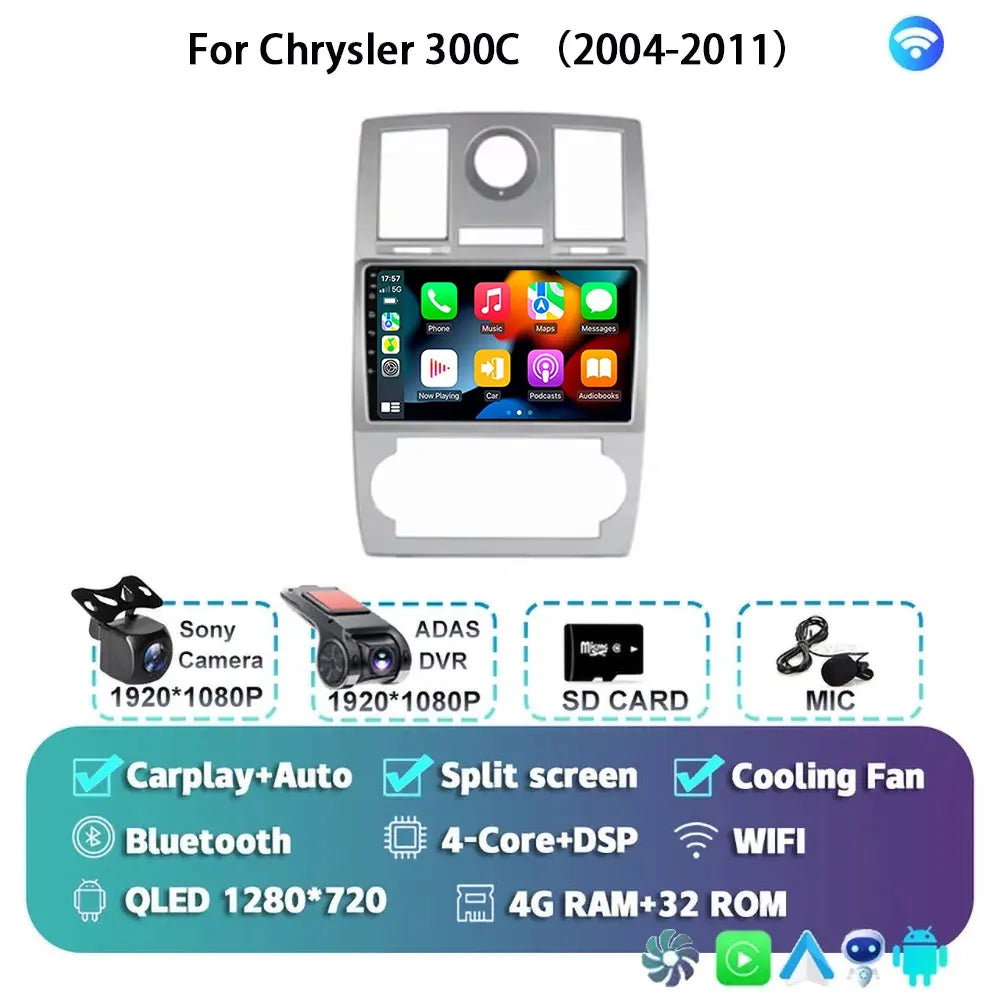 Android 15 For Chrysler 300C 2004-2011 Auto Carplay Car Radio Navigation GPS Video Multimedia Player 360 Camera 4G WIFI DSP