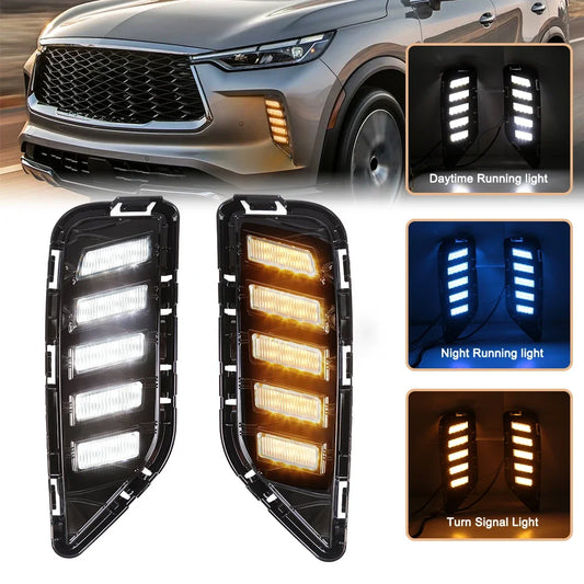 For Nissan Infiniti QX60 2022 2023 2024 Car LED DRL Daytime Running Lights Turn Signal Lamps Front Bumper Headlights Night Blue