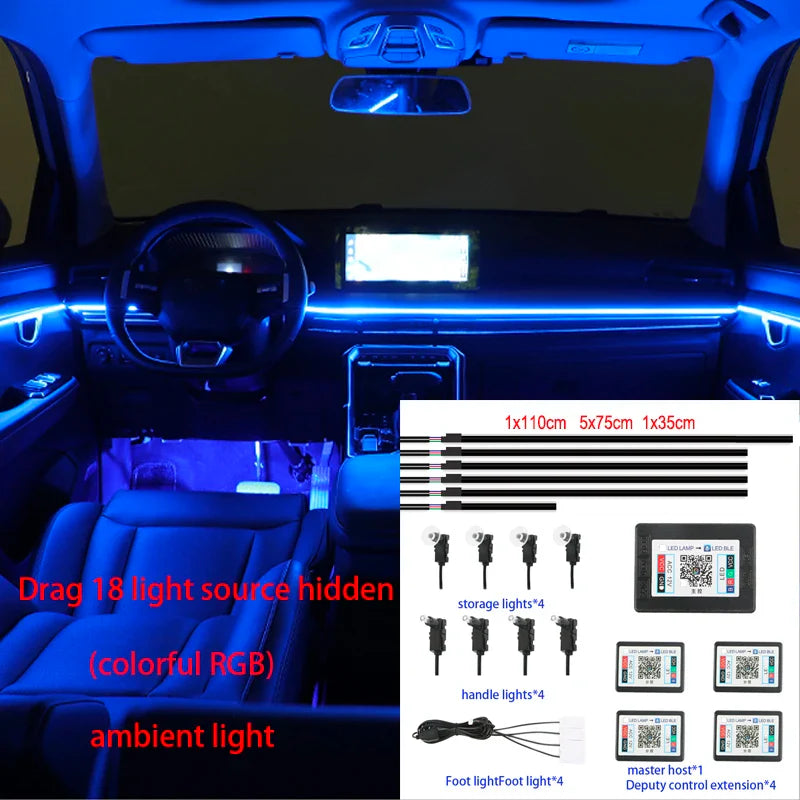Universal Acrylic Neon LED Car Interior Ambient Lights APP Strip Light Guide Fiber Optic RGB Auto Decoration Atmosphere Lamp