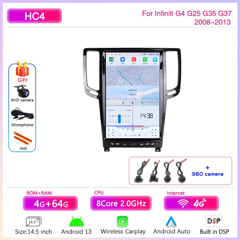 14.5 " Android13 Car Radio Multimedia Video Player For Infiniti G4 G25 G35 G37 2008-2013 GPS navigation Carplay Auto 4G wifi 360