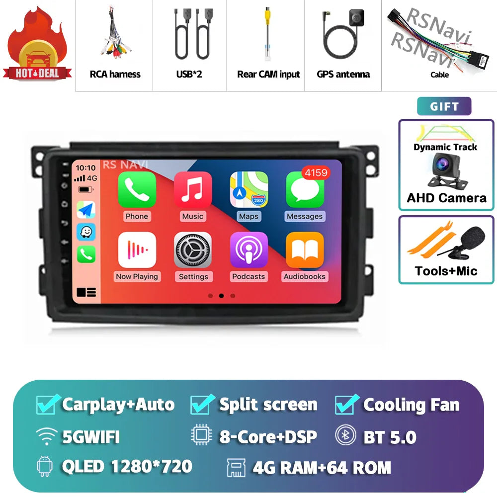 Android 14 Carplay Car Radio Multimedia For Mercedes-Benz Smart Fortwo 451 2005 - 2010 Head Unit GPS Navigation Video DVD Stereo