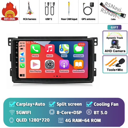 Android 14 Carplay Car Radio Multimedia For Mercedes-Benz Smart Fortwo 451 2005 - 2010 Head Unit GPS Navigation Video DVD Stereo