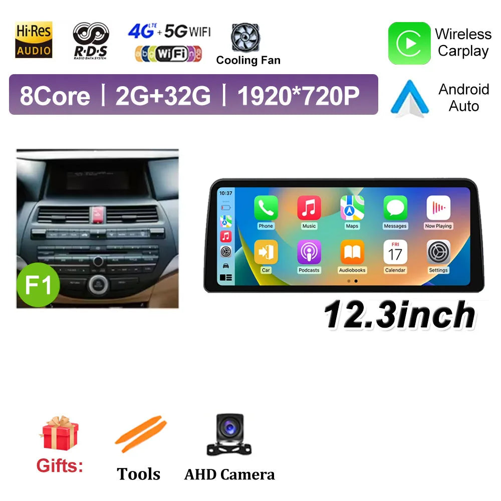 12.3 inch Android 14 for Honda Accord 8 2008 2009 - 2013 Car Multimedia Radio Player Wireless Carplay Monitor GPS Navigation BT