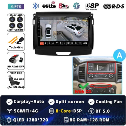 Android 15 Car Radio Stereo QLED Screen For Ford Ranger 2015 2016 2017 2018 2019-2022 GPS Multimedia Carplay Autoradio Head unit