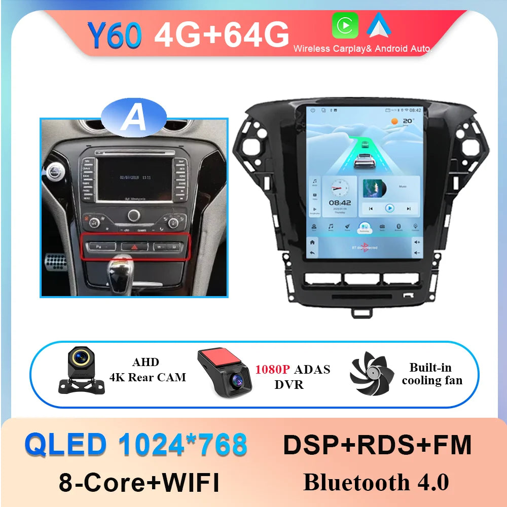 9.7 Inch Android 14 Car Radio Stereo Multimedia Player For Ford Mondeo MK4 2011 - 2013 Auto GPS Navigation wireless carplay DVD