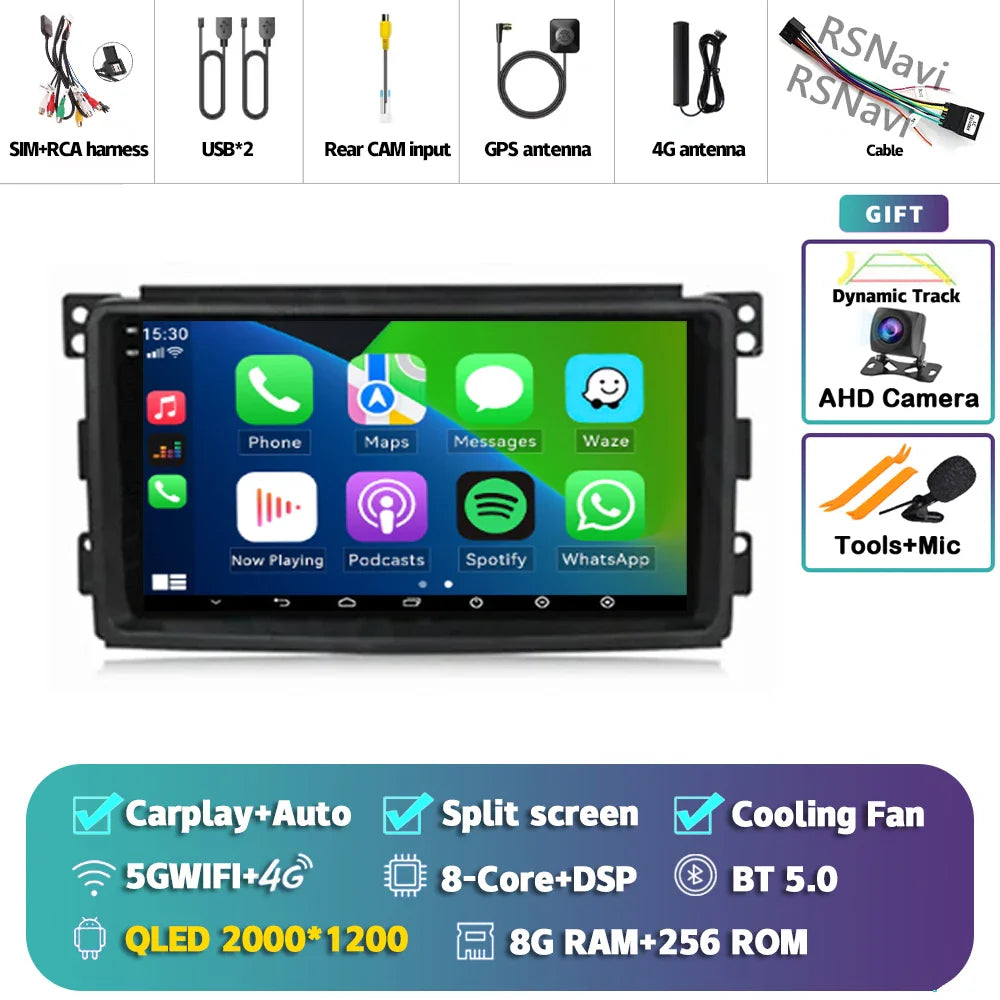 Android 14 Carplay Car Radio Multimedia For Mercedes-Benz Smart Fortwo 451 2005 - 2010 Head Unit GPS Navigation Video DVD Stereo