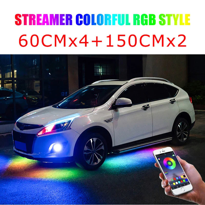 RGB Multicolor Flexible Flowing Car LED Light Underglow Underbody Waterproof Automobile Chassi Neon Atmosphere Light