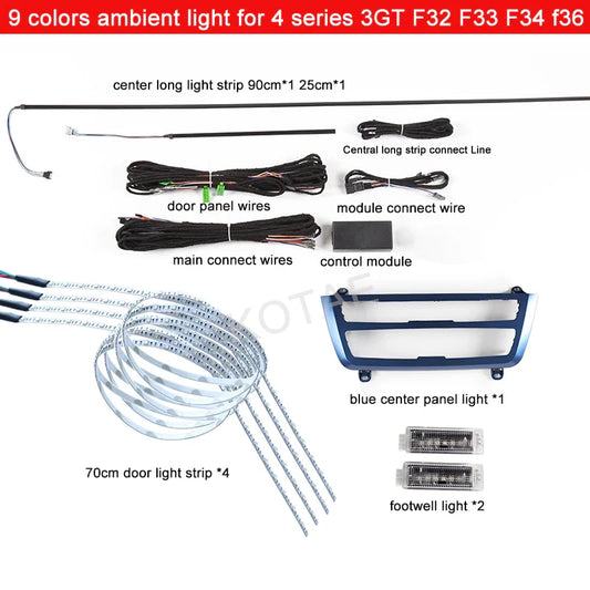 For BMW 3 4 Series F32 f33 F34 F36 Atmosphere Lights With 9 Colors 4 Inner Doors Central Control Decorative Ambient LED Lights