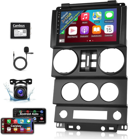 2+32G 9 Inch Touchscreen for Jeep Wrangler (4 Doors) 2007 2008 2009 2010 with Wireless Apple Carplay and Android Auto