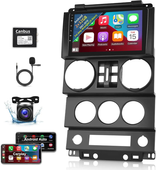 2+32G 9 Inch Touchscreen for Jeep Wrangler (4 Doors) 2007 2008 2009 2010 with Wireless Apple Carplay and Android Auto