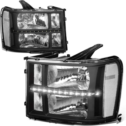 LED DRL Headlights Assembly Compatible with GMC Sierra Driver and Passenger Side, Smoked Lens Clear Corner