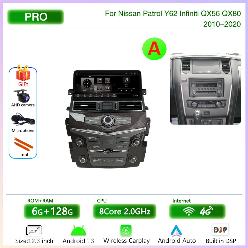 12.3 " Android13 Car Multimedia Video Player For Nissan Patrol Y62 Infiniti QX56 QX80 2010-2020 GPS Navigation CarPlay Auto 4G