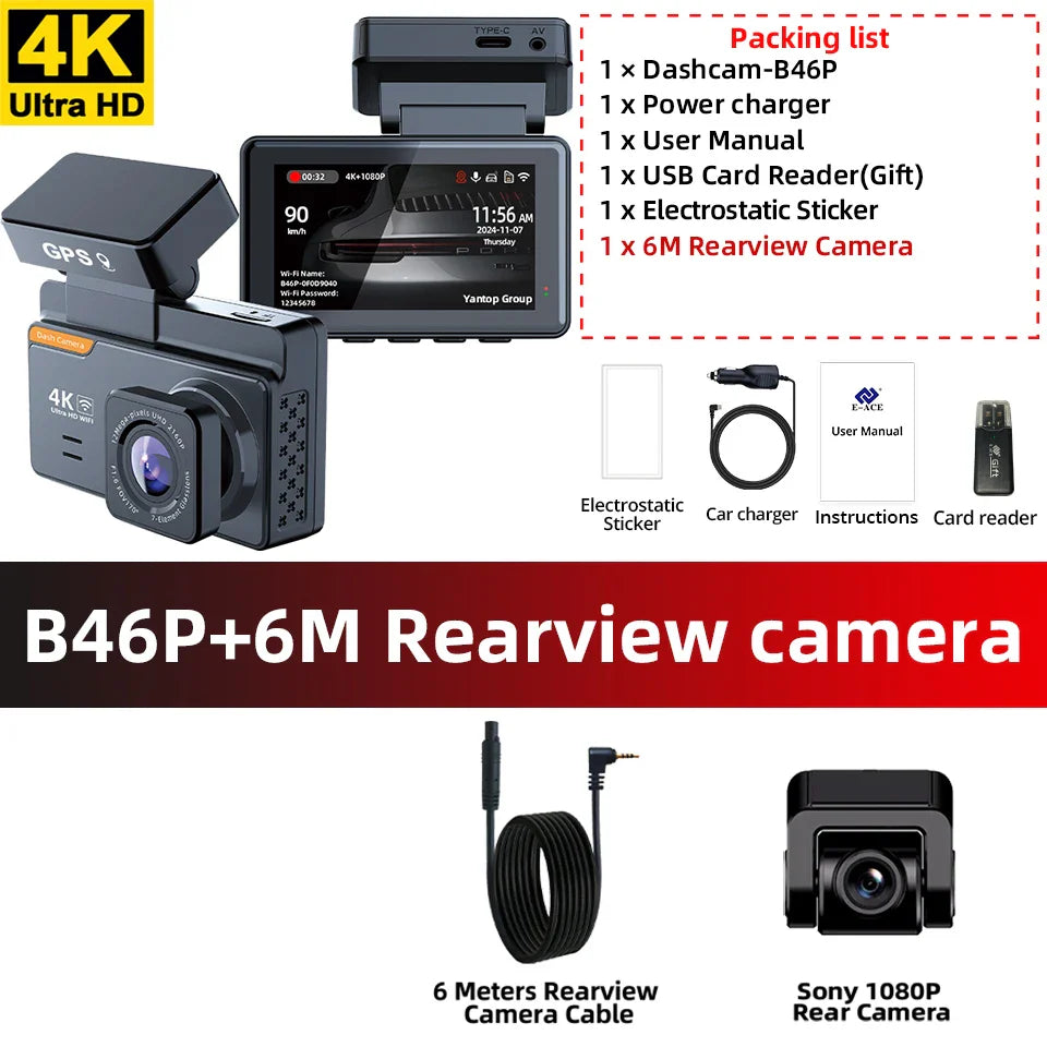 DashCam 4K Mini Car Dvr Video Recorder With GPS WIFI Support Dual Lens 1080P RearView Camera Night Vision Black Box 24h Parking