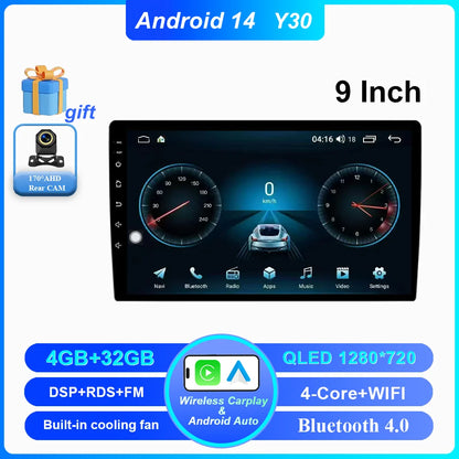 Android 14 CarPlay car radio Android Auto GPS multimedia player 2 DIN universal 9/10 inch Car stereo WiFi player QLED Screen BT