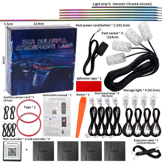 18 in 1 Dual Zone Symphony LED Car Ambient Light Rainbow Neon RGB Acrylic Strip Interior Decoration Streamer Atmosphere Lamp 12V