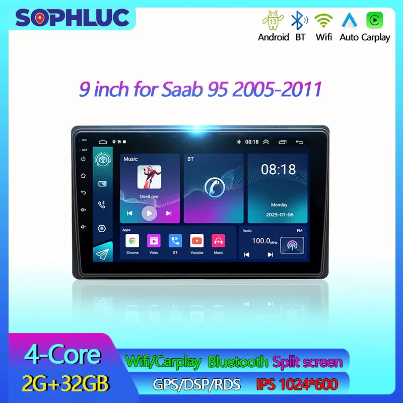 Sophluc 9 inch Android 13 Wireless Carplay for Saab 95 2005-2011 Special Stereo Radio GPS Navi MP5 BT DSP EQ Multimedia Player