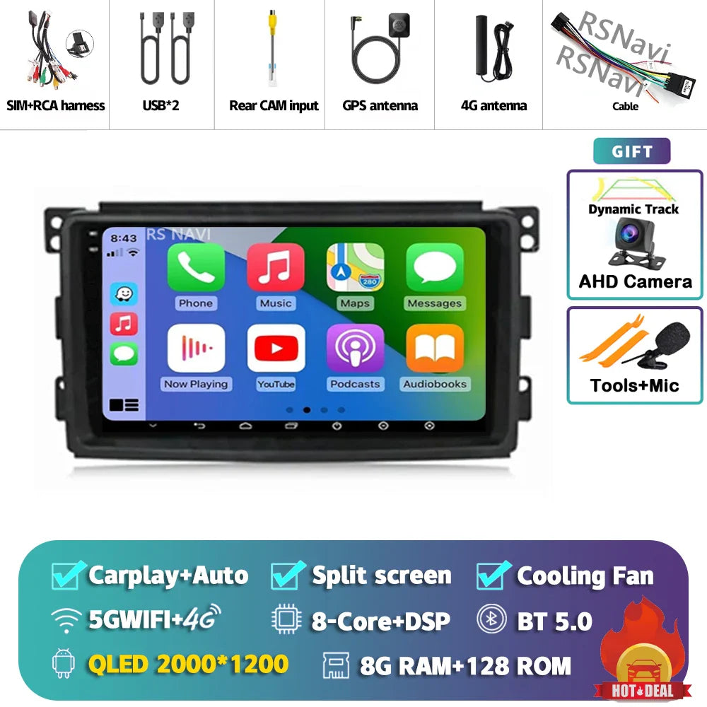 Android 14 Carplay Car Radio Multimedia For Mercedes-Benz Smart Fortwo 451 2005 - 2010 Head Unit GPS Navigation Video DVD Stereo