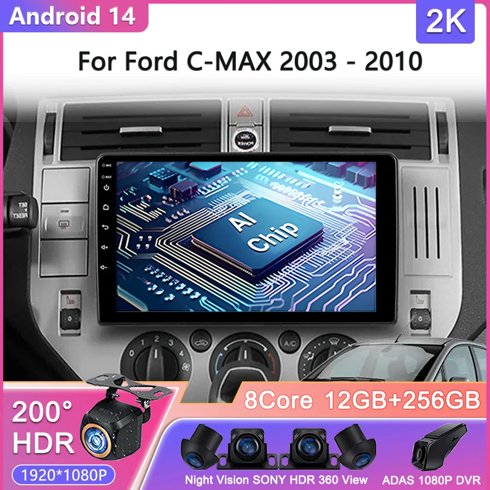 For Ford C-MAX 2003 - 2010 Android 14 Carplay Auto Car Radio Multimedia Video Player Navigation GPS No 2Din 2 Din DVD DSP 4G
