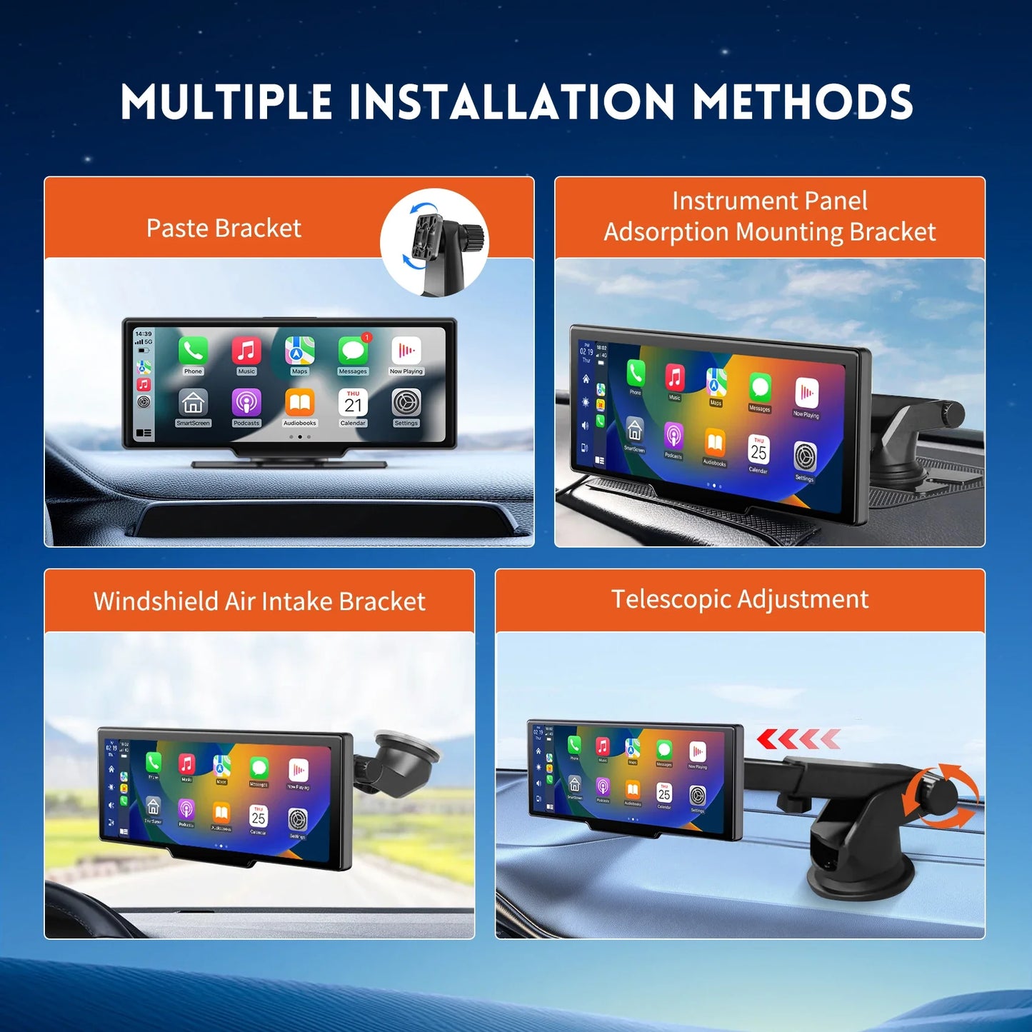 Wireless BT Car Audio Stereo Player Portable Carplay Screen with 4K Dash Cam  10" HD IPS Carplay&Android Auto Screen Mirror Link