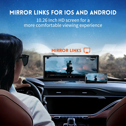 Wireless BT Car Audio Stereo Player Portable Carplay Screen with 4K Dash Cam  10" HD IPS Carplay&Android Auto Screen Mirror Link