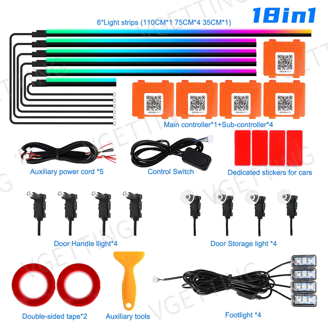 18in1 Car LED Ambient Lights Full Color Streamer Multicolour Interior Acrylic Strip Atmosphere Light APP Control RGB 64 Color