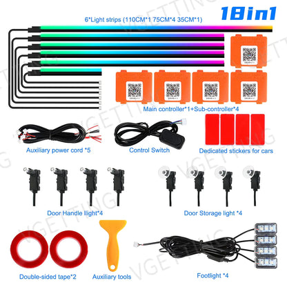 18in1 Car LED Ambient Lights Full Color Streamer Multicolour Interior Acrylic Strip Atmosphere Light APP Control RGB 64 Color
