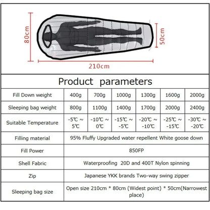 Upgraded High-grade White Goose Down Camping Sleeping Bag with Water Repellent Treatment Warm Insulated Fit for Cold Weather