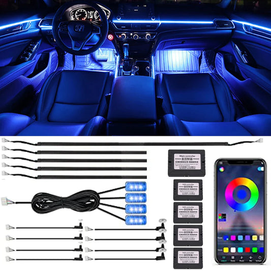 18 In 1 LED Car Ambient Lights Interior LED Acrylic Strip Light RGB 64 Color Light Guide Fiber Optic Decoration Atmosphere Lamp