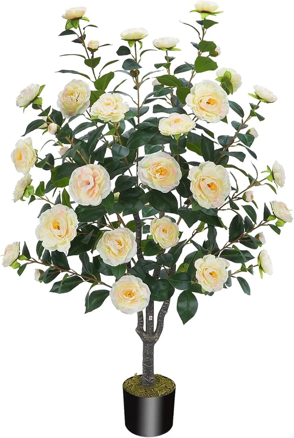 Artificial Camellia Fake Tree, Artificial Plants & Flowers with 32 Yellow Pink Flowers