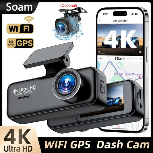Soam 4K Ultra HD Dash Cam Car DVR Recorder Front and Rear Cam 170° wide Angle WIFI GPS Car Camera WDR Night Vision APP control
