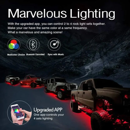 2nd-Gen RGB LED Rock Lights with Bluetooth Controller, Timing Function, Music Mode - 8 Pods Multicolor Neon LED Light Kit