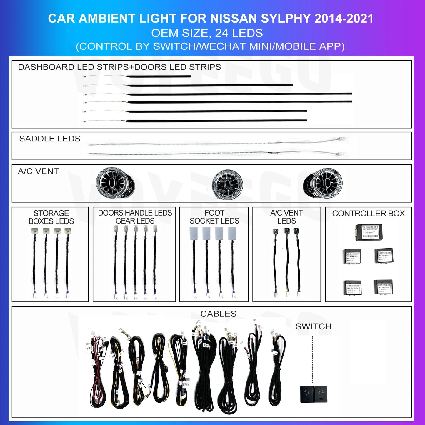 24 in 1 RGB Symphony Car Ambient Lighting for Nissan 2020-2023 14th Generation Sylphy LED Interior Decoration Car Accesssories
