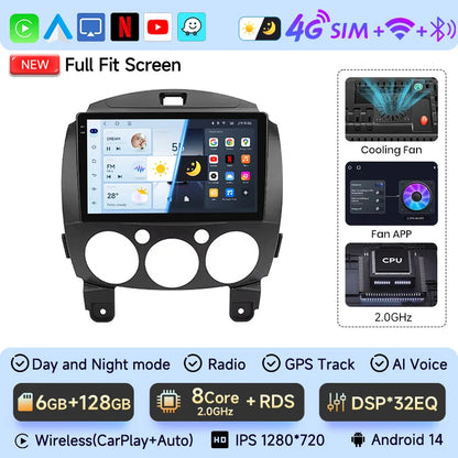JIUYIN Android 13 Car stereo Radio Multimedia Video Player Navigation GPS For MAZDA 2 Mazda 2 2007 - 2014 Head Unit Carplay