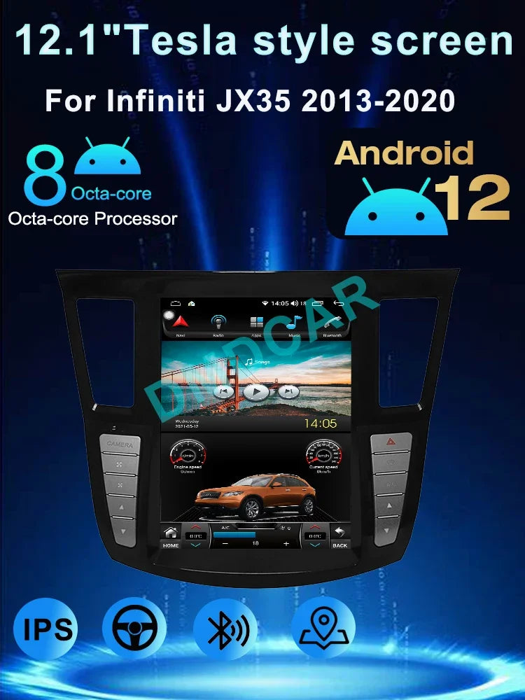 12.1" Tesla Style Vertical Screen Android 12 GPS Navigation Wireless Carpla Video Player For Infiniti JX35 2013-2020y Blue-tooth