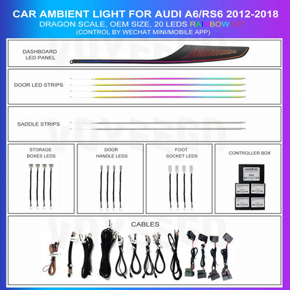 20 in 1 Ambient Lighting Car Kit For Audi A6 RS6 2012-2018 Hidden Built-in Light Strip Dashboard Door Decoration Atmosphere Lamp
