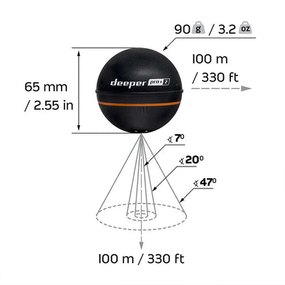 Deeper PRO  Plus 2.0 Castable and Portable WiFi Fish Finder Depth Finder for Kayaks Boats on Shore Ice Fishing / Smart Sonar
