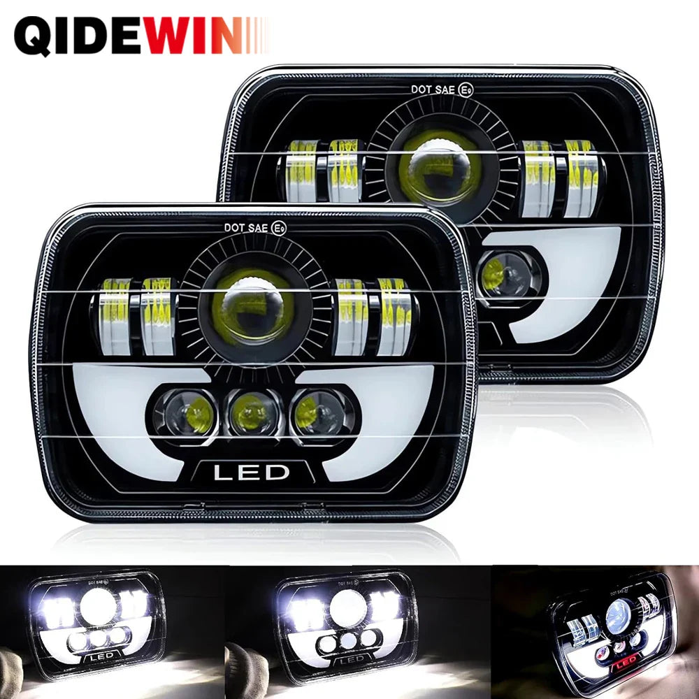 Car LED Headlight DRL Hi-Low Beam H4 Headlamp 5X7" 7x6 Inch Rectangle For Jeep Wrangler YJ Cherokee XJ Toyota Nissan GMC Ford