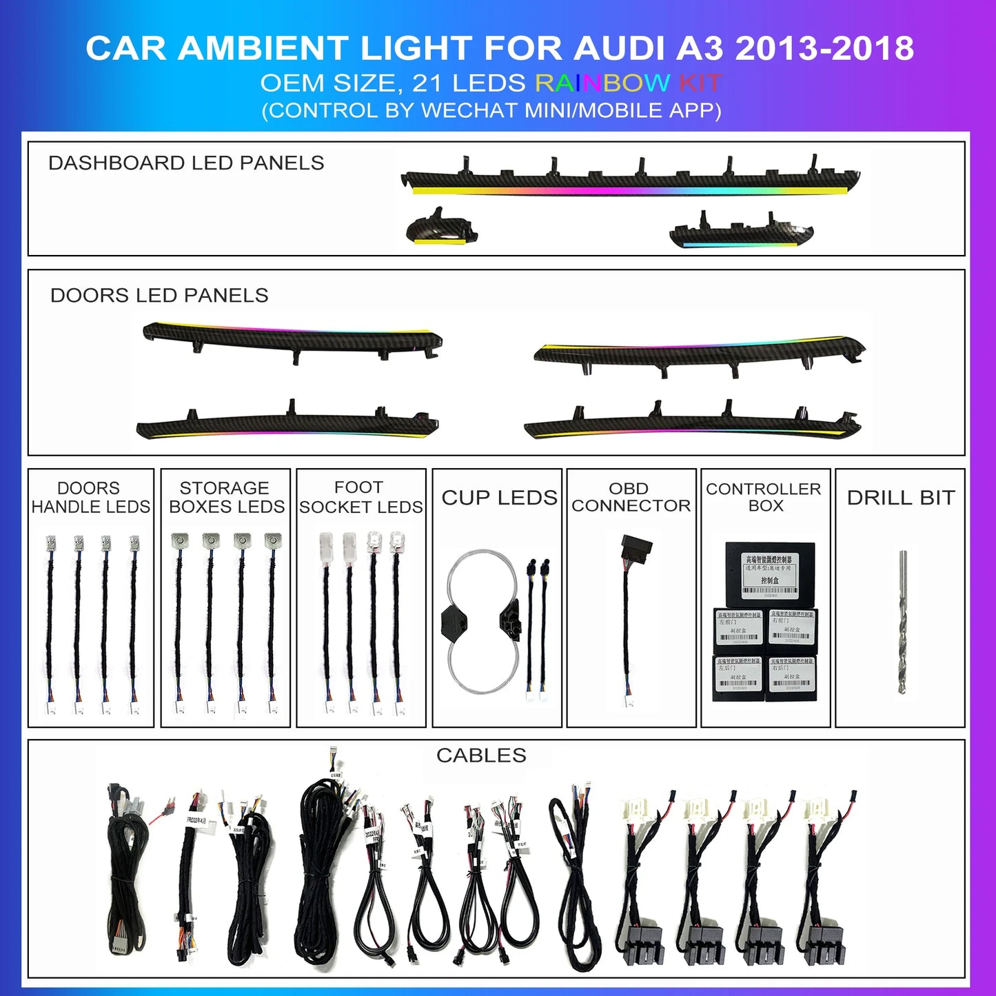 21 in 1 Symphony Car Ambient Light For Audi A3 2013-2020 without Air Vents Dashboard Door Decoration Atmosphere Lamp APP Control