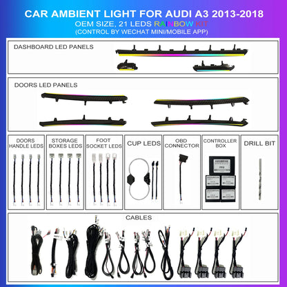 21 in 1 Symphony Car Ambient Light For Audi A3 2013-2020 without Air Vents Dashboard Door Decoration Atmosphere Lamp APP Control