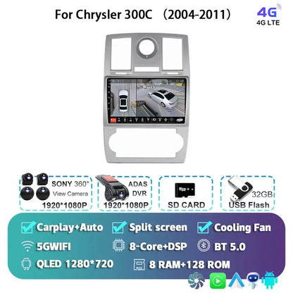 Android 15 For Chrysler 300C 2004-2011 Auto Carplay Car Radio Navigation GPS Video Multimedia Player 360 Camera 4G WIFI DSP