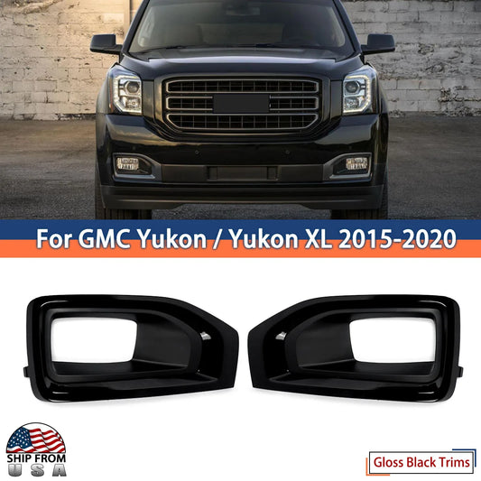 Pair Glossy Black Fog Lights Frame Shell Replace For 2015-2020 GMC Yukon / Yukon XL Fog Lights Bezel Cover Trim Chrome Auto Part