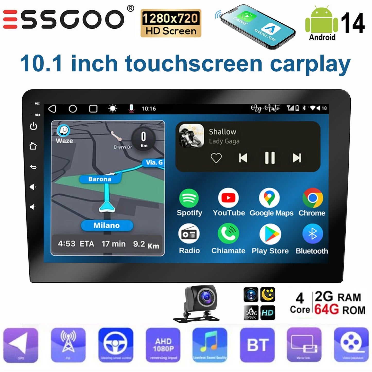 ESSGOO 10.1 Inch touchscreen 2 DIN Car stereo radio Android 14 Wireless Carplay Android auto GPS Navigation WiFi FM RDS SWC USB