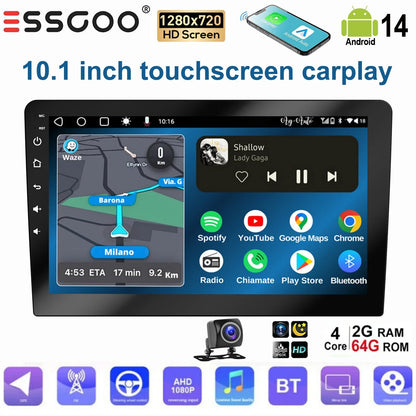 ESSGOO 10.1 Inch touchscreen 2 DIN Car stereo radio Android 14 Wireless Carplay Android auto GPS Navigation WiFi FM RDS SWC USB