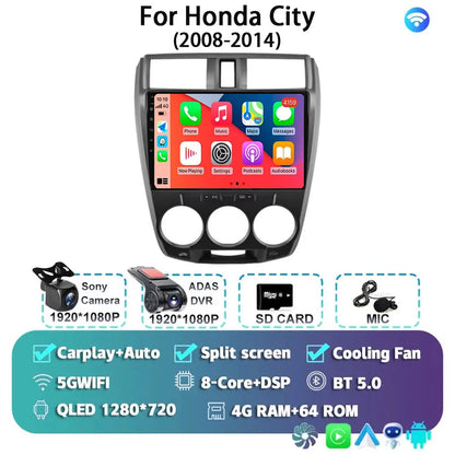 Android 14 Carplay Auto GPS For Honda City 2008 2009 2010 - 2014 Car Radio DSP Multimedia WIFI+4G Head Unit Video Stereo Player