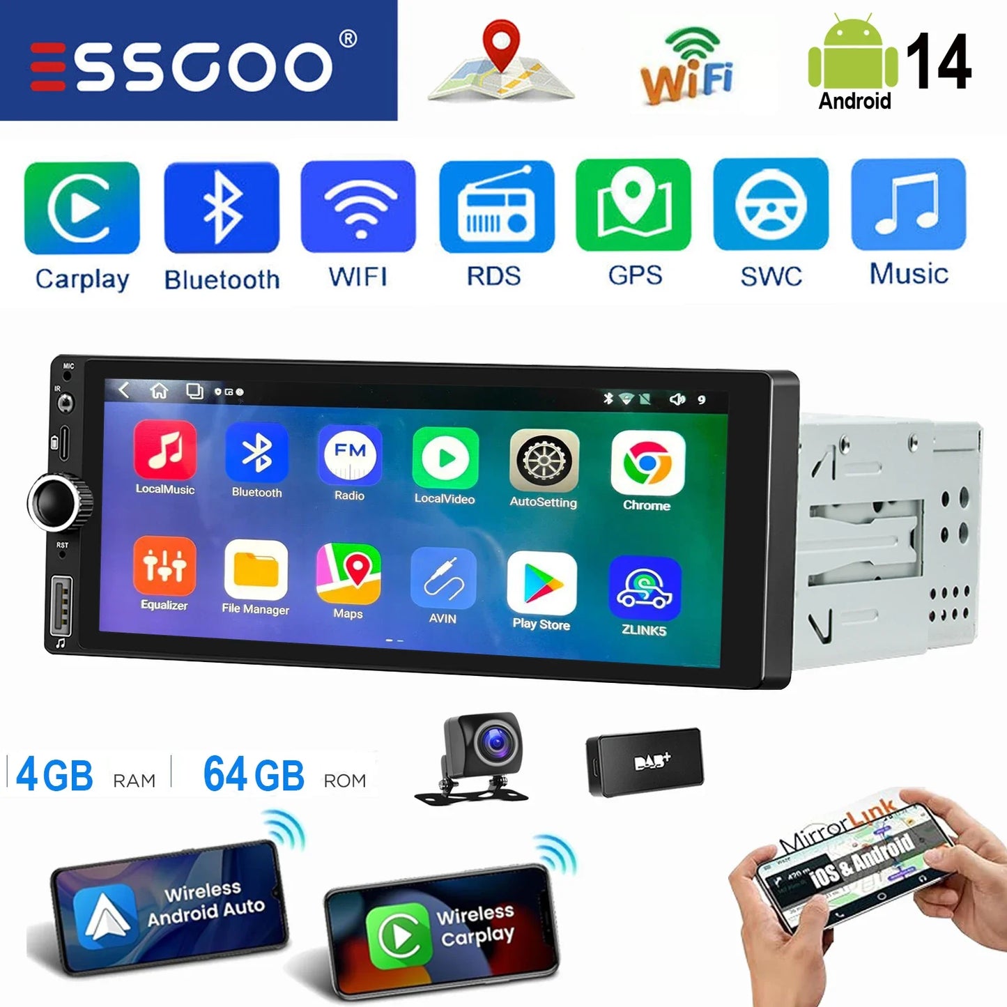 ESSGOO 6.86" Android 14 4+64G Universal Single DIN Car Stereo Radio CarPlay Android Auto BT USB SWC Wifi FM GPS Navi Mirror link