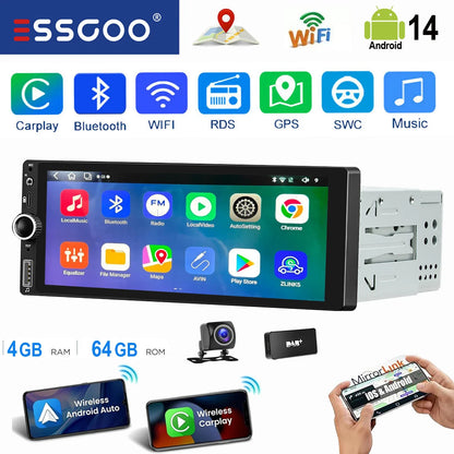 ESSGOO 6.86" Android 14 4+64G Universal Single DIN Car Stereo Radio CarPlay Android Auto BT USB SWC Wifi FM GPS Navi Mirror link