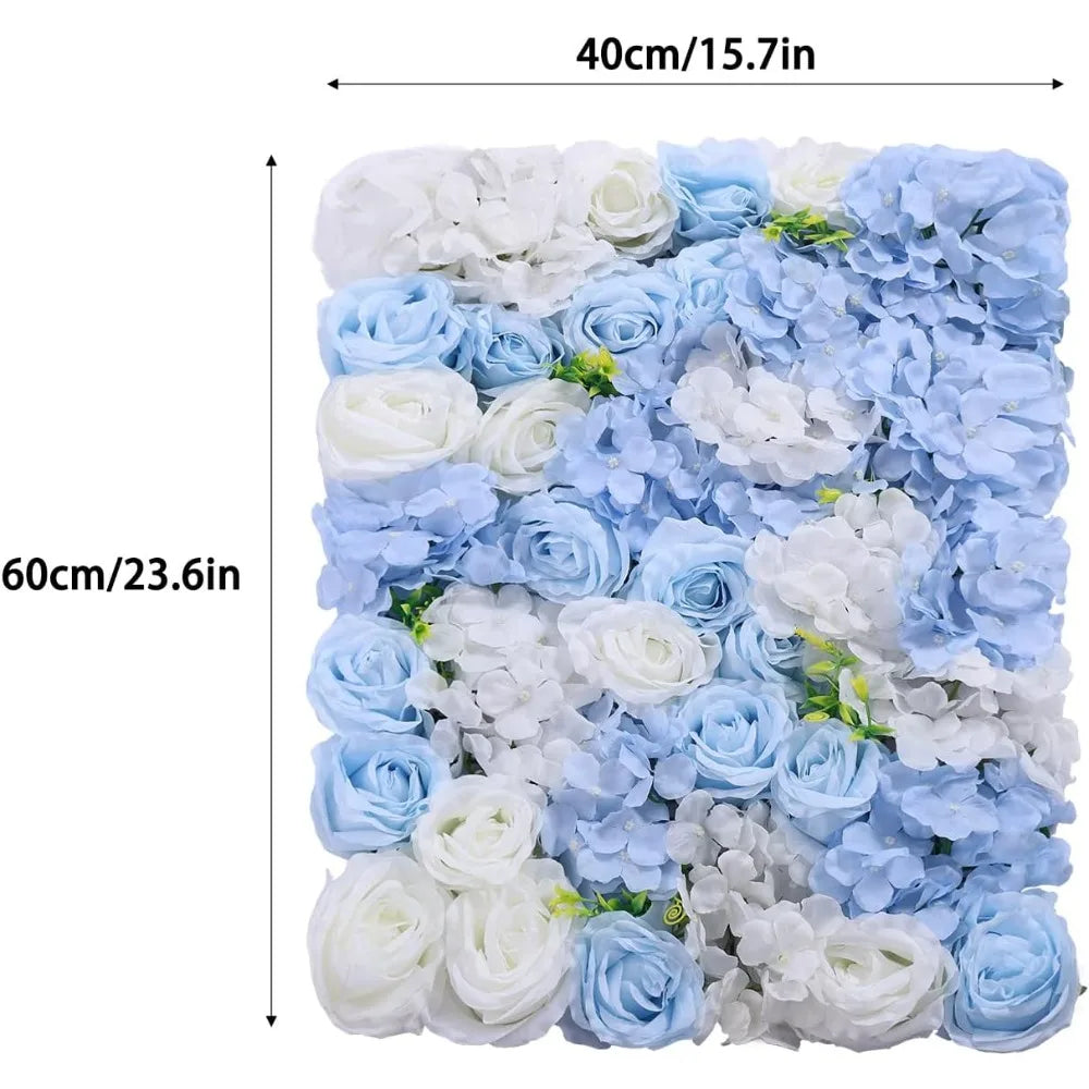 Artificial Flower Wall Panel 4 Pcs White Silk Rose Blue Hydrangea Flower Wall Mat Fake Flower Wall Backdrop for Party