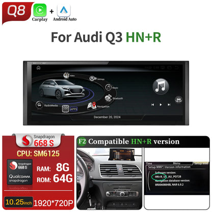 10.25 inch Android 14 For Audi Q3 2011-2018 Car Radio Wireless Bluetooth Carplay Qualcomm Snapdragon 680 Head Unit Touch Screen