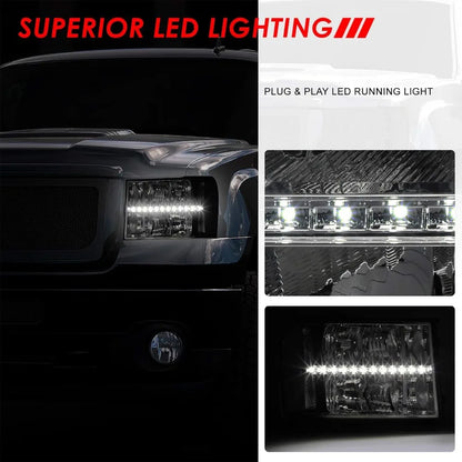 LED DRL Headlights Assembly Compatible with GMC Sierra Driver and Passenger Side, Smoked Lens Clear Corner
